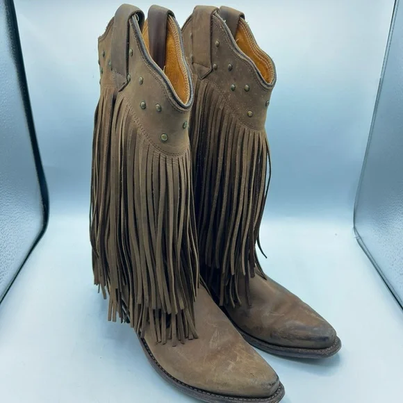 Old West Sz 8 Brown Leather Fringe Western Cowgirl Boho Boots - Picture 4 of 15
